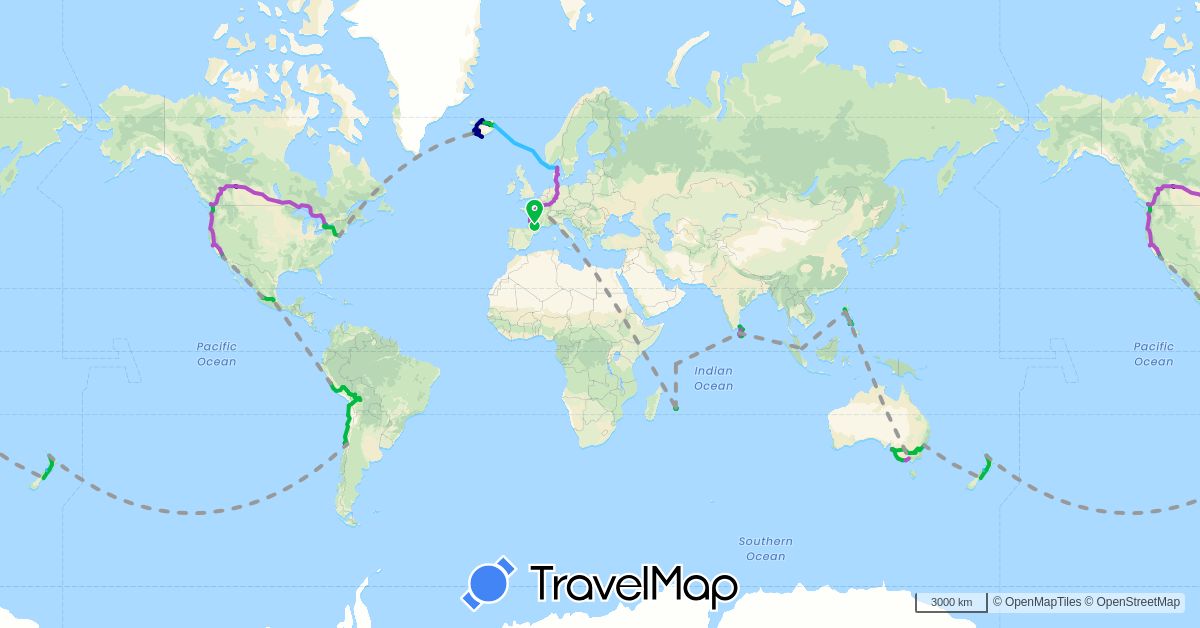 TravelMap itinerary: driving, bus, plane, cycling, train, hiking, boat in Australia, Bolivia, Canada, Chile, Germany, Denmark, France, Iceland, Sri Lanka, Mexico, New Zealand, Peru, Philippines, Seychelles, Singapore, United States (Africa, Asia, Europe, North America, Oceania, South America)